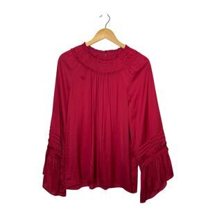 Ramy Brooke Peasant Top Womens Size Medium Red Satin Ruffle Bell Sleeve Boho